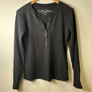 Vintage Y2K Black Waffle-Knit Long Sleeve Henley With Sparkly Jeweled Buttons S